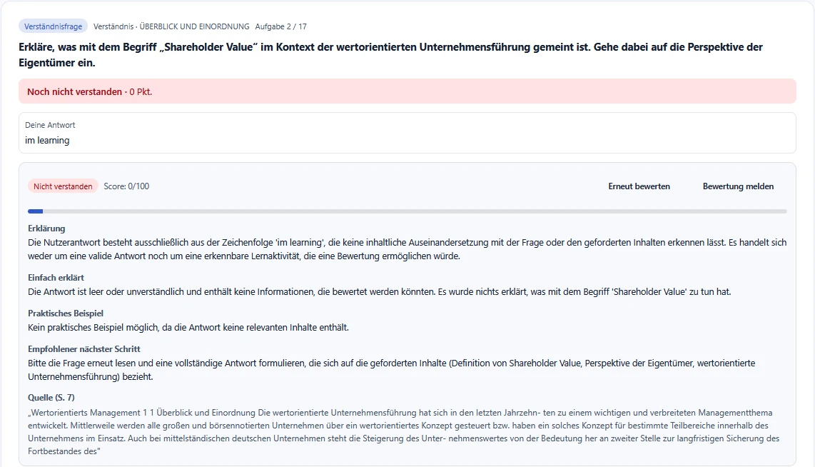 Beststudea-Auswertung einer offenen Antwort mit Bewertung, Erklärung, praktischem Beispiel, nächstem Schritt und Quellenstelle